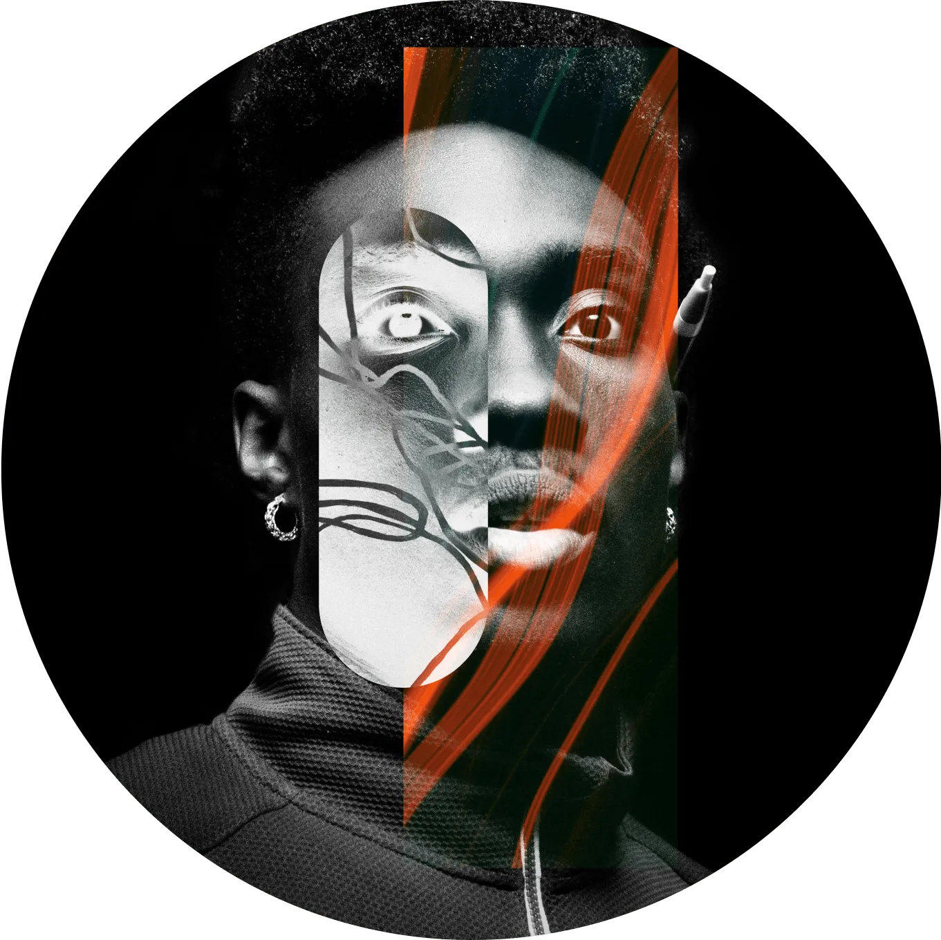 A man with a black and orange face against a black background.